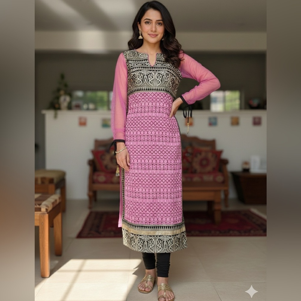 Pink and Black‎ Indian Kurti / Heavy Zari Embroidery & Chikankari Size 38 (M)